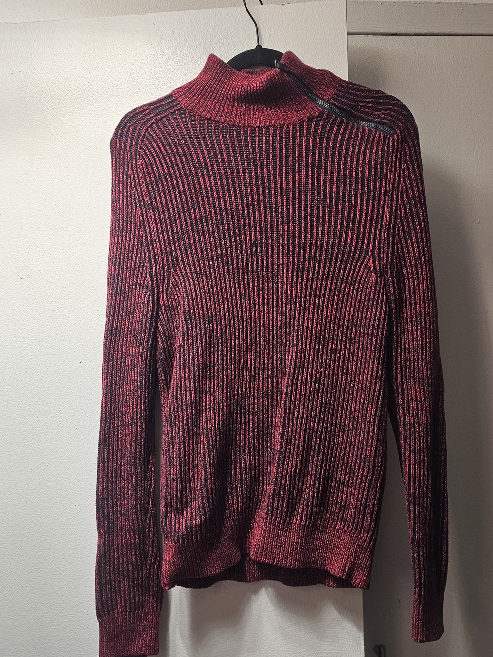 Armani Exchange 2010 Men's Marled Red & Black Ribbed Turtleneck Zip Sweater